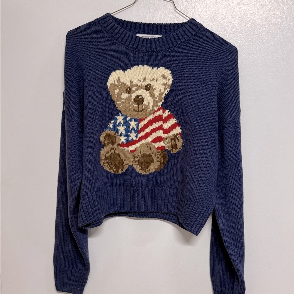 Grayson Threads Navy Blue Sweater Top Bear American flag USA teddy America new